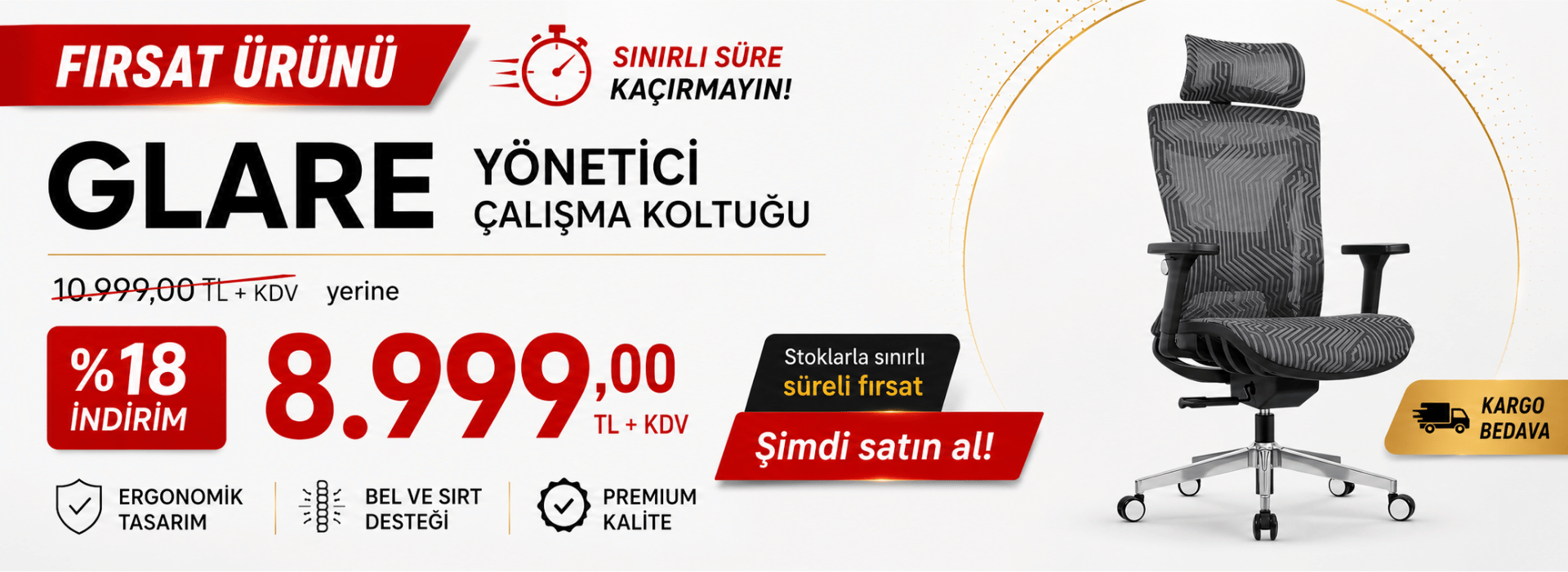 Glare Yönetici Çalışma Koltuğunda Stoklarla Sınırlı Süreli Fırsat, Üstelik Kargo Bedava!
