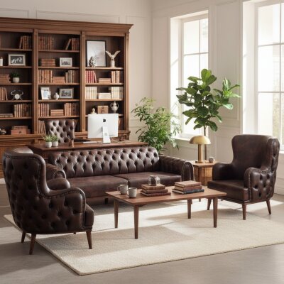 OSCAR CHERSTER KAHVE DERİ 3'LÜ OTURMA GRUBU TAKIMI - ATOM OFİS