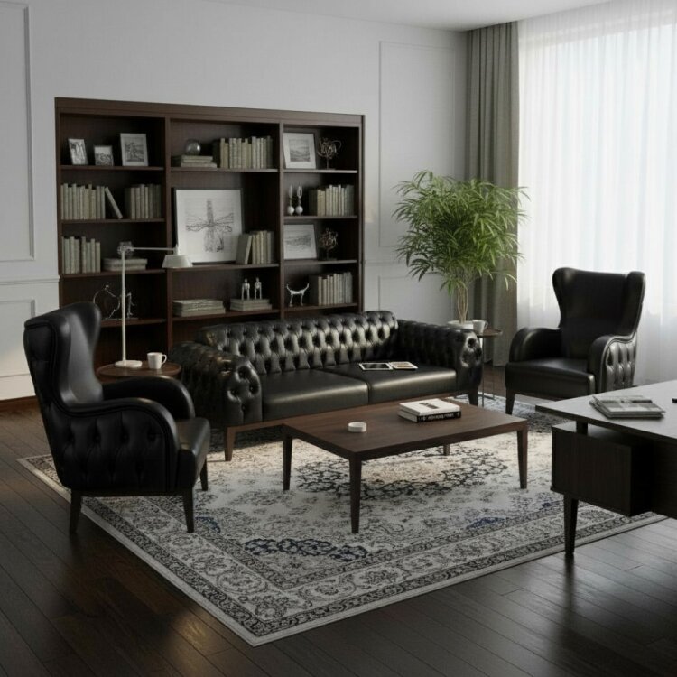 OSCAR CHESTER SİYAH DERİ 3'LÜ OTURMA GRUBU TAKIMI - 1