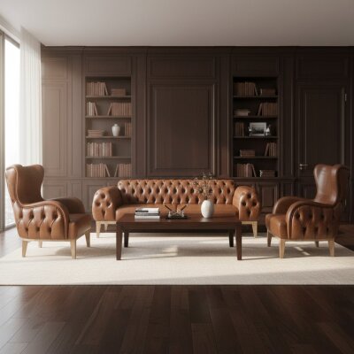 OSCAR CHESTER TABA DERİ 3'LÜ OTURMA GRUBU TAKIMI - ATOM OFİS