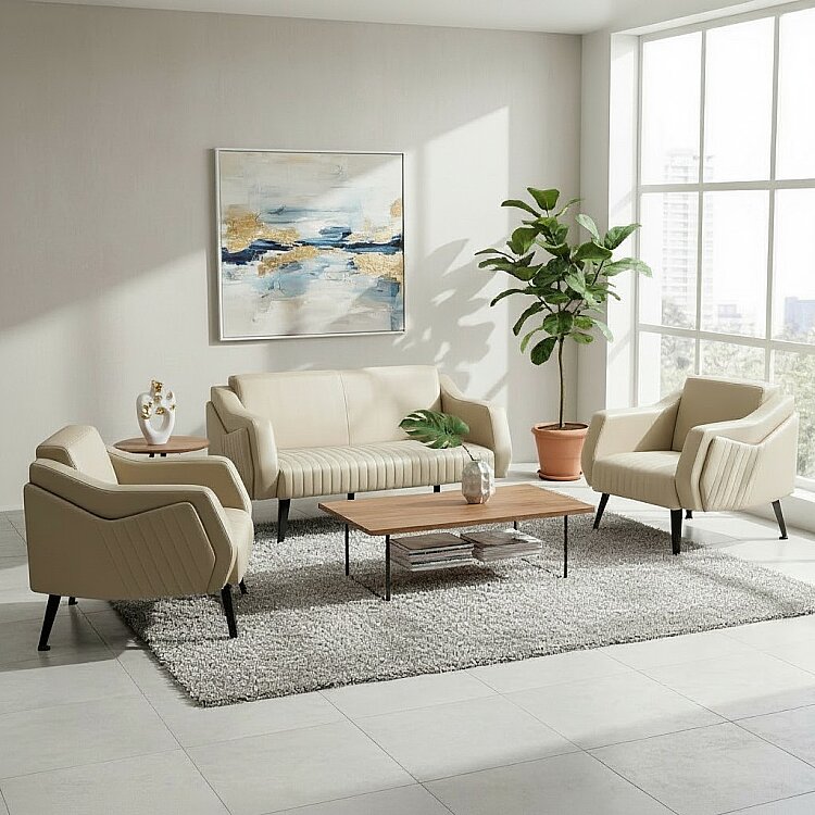 TRİOS KREM DERİ 3'LÜ OTURMA GRUBU TAKIMI - 1