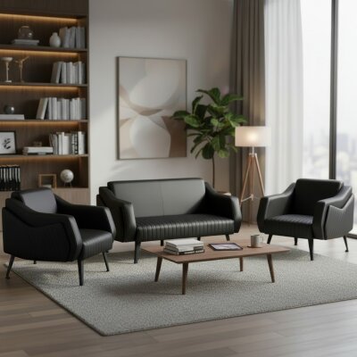 TRİOS SİYAH DERİ 3'LÜ OTURMA GRUBU TAKIMI - ATOM OFİS