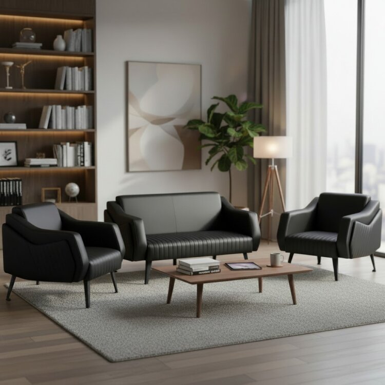 TRİOS SİYAH DERİ 3'LÜ OTURMA GRUBU TAKIMI - 1